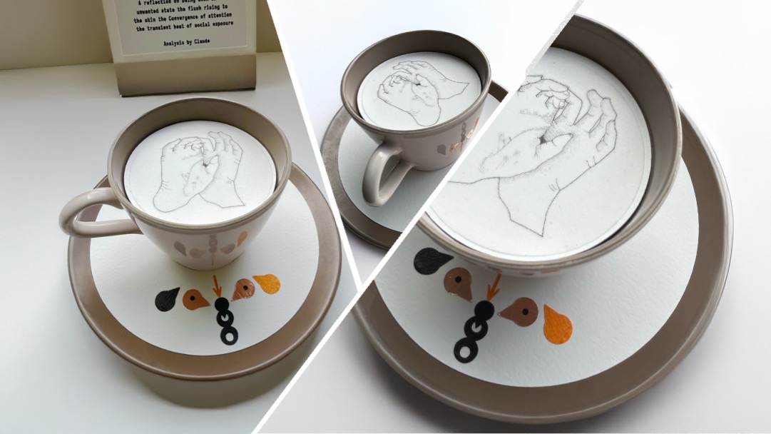 Embarrassment collage on cup and saucer